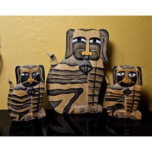 VTG Wooden Hand Carved Dog Folk Art 🐶 Hand Painted 10” & two 6" SET OF 3